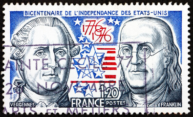 Postage stamp France 1976 Count de Vergennes and Benjamin Franklin, Bicentennial of the United States