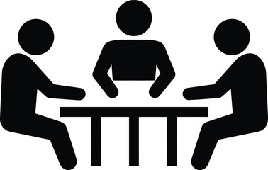 three persons, sitting at a round table, black icons
