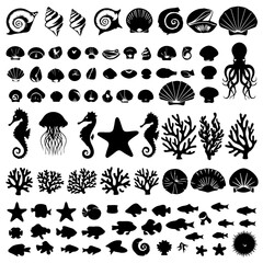 Large collection of black marine life silhouettes including fish, seashells, starfish, corals, and sea creatures, arranged in neat rows on a white background.