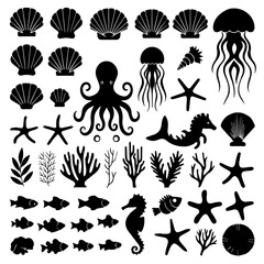 Large collection of black marine life silhouettes including fish, seashells, starfish, corals, and sea creatures, arranged in neat rows on a white background.