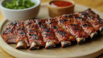 Grilled ribs, seasoned and glazed, on a wooden plate, with a side of fresh greens and a small bowl of sauce