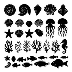 Large collection of black marine life silhouettes including fish, seashells, starfish, corals, and sea creatures, arranged in neat rows on a white background.
