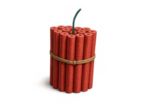 Dynamite sticks bundled, burning fuse highlighting imminent threat, embodying explosive potential and destructive power