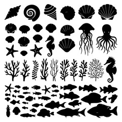 Large collection of black marine life silhouettes including fish, seashells, starfish, corals, and sea creatures, arranged in neat rows on a white background.
