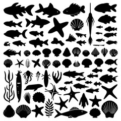 Large collection of black marine life silhouettes including fish, seashells, starfish, corals, and sea creatures, arranged in neat rows on a white background.