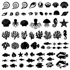 Naklejka premium Large collection of black marine life silhouettes including fish, seashells, starfish, corals, and sea creatures, arranged in neat rows on a white background.