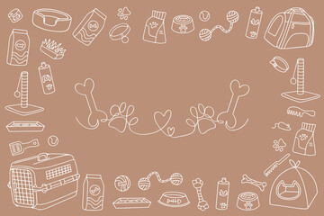 Hand drawn pet shop assortment in doodle style. Hand drawn pet products. Vector illustration