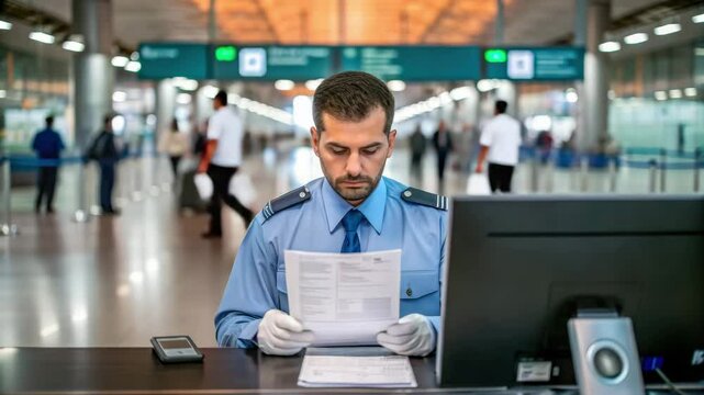 A uniformed officer inspects documents at an airport security checkpoint, with travelers and signs visible in the background.