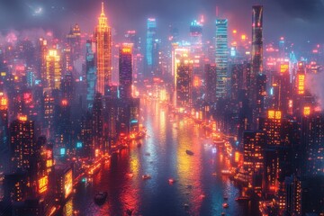 Fototapeta premium City skyline illuminated by neon lights along the river at night during a bustling urban atmosphere