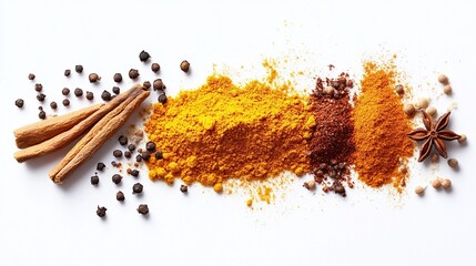 A row of spices arranged on a white background, from left to right two cinnamon sticks, black peppercorns, turmeric powder, chili powder, more turmeric powder, and star anise