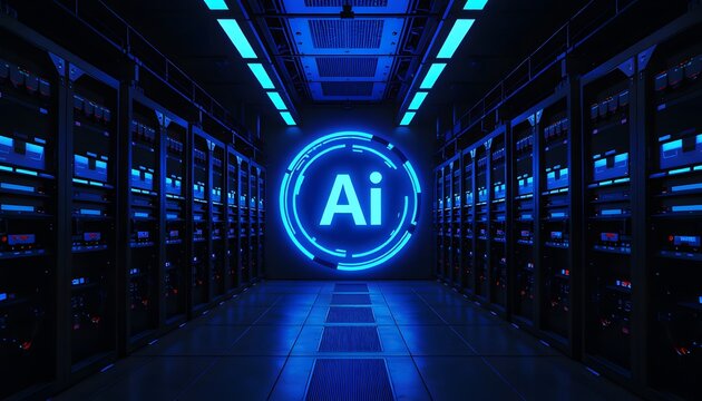 A server  filled room with a large, glowing AI symbol at the end, bathed in blue light. 
