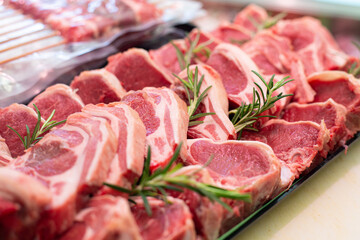 Raw meet.Assortment of raw pork.Different types of raw pork meat and beef.. Organic gourmet cuisine concept
