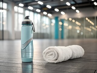 High-quality photo of a sport water bottle and white towel on a gym floor, minimalist fitness setting, blurred background with light reflections, no people visible.