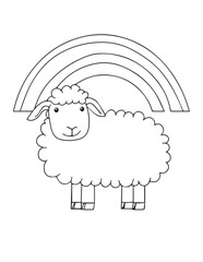 Cute Sheep Under Rainbow – Line Art Coloring Page