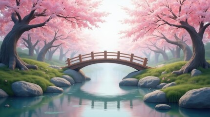 Illustration of a serene landscape with a wooden bridge over a clear stream, surrounded by pink cherry blossom trees, green grass, and smooth rocks in a Japanese-style setting.