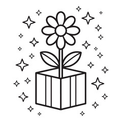 Gift Box with Daisy Flower – Line Art Coloring Page