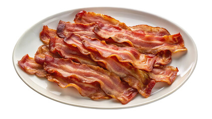 Delicious crispy cooked bacon strips on a white plate against black backdrop