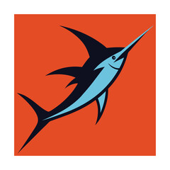 Vector illustration of a blue and black marlin fish on a vibrant orange background