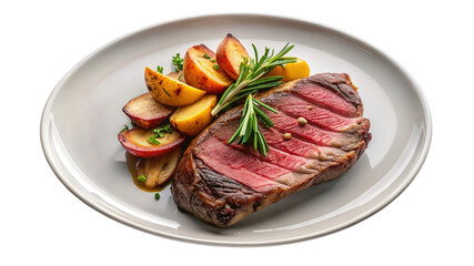 Delicious medium rare steak with roasted apples and fresh rosemary garnish