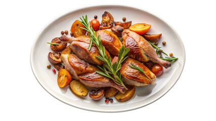 Roasted quail with rosemary, potatoes, tomatoes and spices on a white plate