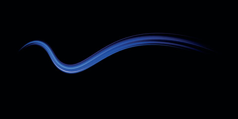 Blue wind waves effect. Abstract light motion trails with sparkles isolated on black background. Light blue Twirl. Curve light effect of blue line. Luminous blue circle.