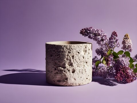 Showcase greenery with a textured concrete planter positioned on a lilac backdrop in side view