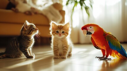 Kittens and Parrot in a Cozy Home