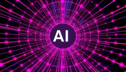A graphic with the AI text at the center, surrounded by a network  like pattern in vibrant pink and purple hues. 