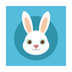 Obraz premium Cute cartoon illustration of a white rabbit head inside a blue circle and square background.