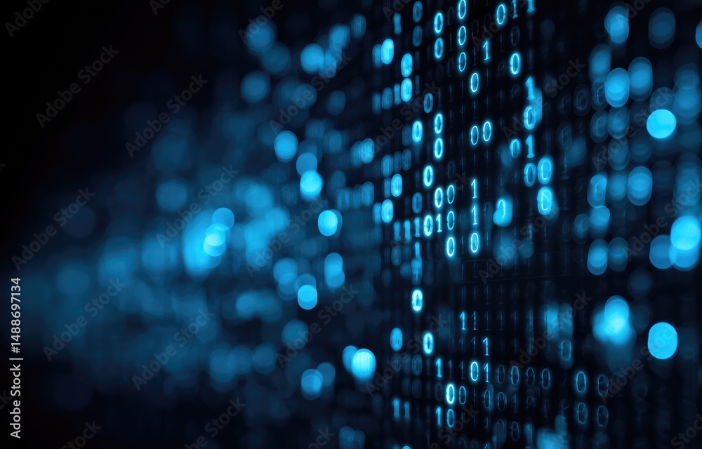 Poster Futuristic blue binary code with glowing digits and bokeh effect in the background, evoking digital flow and data streams. Perfect for tech, programming, or cybersecurity visuals