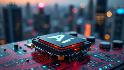 An AI  labeled chip on a circuit board, set against a blurred cityscape during twilight. 