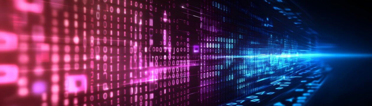 Dynamic digital matrix display of glowing binary code.
