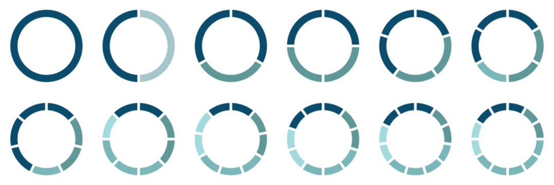 Pie chart color icons. Segment slice sign. Circle section graph. 1,2,3,4,5 segment infographic. Circle section graph, Pie chart round. Loading bar set diagram multicolored collection. eps 10