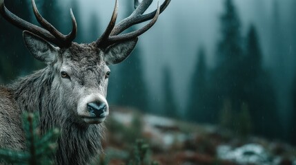 Majestic stag standing in misty forest during early morning hours