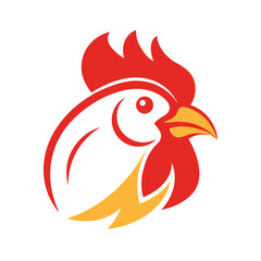 Stylized rooster head logo design in red white and yellow colors suitable for branding