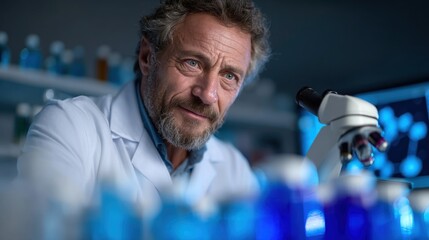 skilled scientist works diligently with a microscope, analyzing vibrant chemical solutions in test tubes. laboratory is illuminated with a soft glow, reflecting a focus on complex research