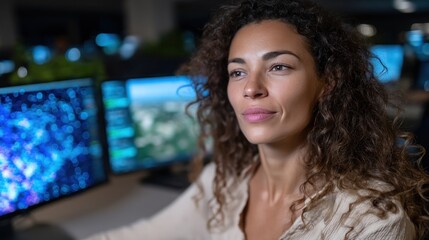 skilled professional focuses on multiple computer screens displaying various data in a contemporary office setting during evening hours
