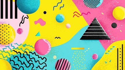 Vibrant 90s Retro Style Abstract Background Design with Geometric Shapes and Bold Colors