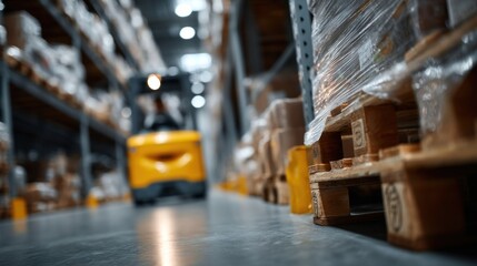forklift navigates through an organized warehouse aisle filled with stacked pallets. Warehouse workers are busy managing inventory during a busy work shift, ensuring smooth operations
