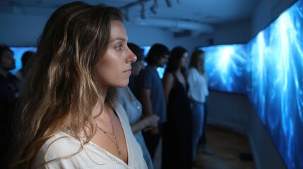 diverse group of individuals stands attentively in an art gallery, captivated by dynamic blue visuals displayed on large screens. atmosphere is immersive and engaging