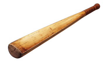 An old weathered wooden baseball bat resting diagonally symbolizing strength and the spirit of on transparent background