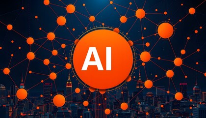 An orange AI symbol surrounded by connected orbs, set against a nighttime city  skyline backdrop. 
