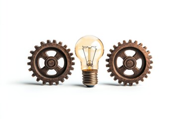 A lightbulb is flanked by two bronze gears, conveying the concept of ideas, mechanics, and the power of innovation.