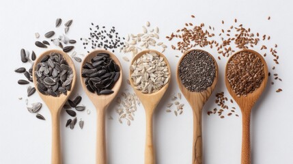 Various seeds in wooden spoons