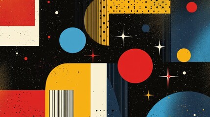 Abstract geometric shapes, vibrant colors, space theme