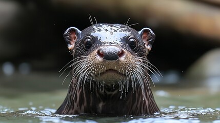 Close-up of a curious otter emerging from water