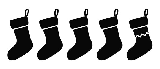 Five Christmas Stockings Icon Set Black Silhouette