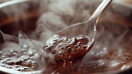 Steaming hot coffee close up brown rich aroma beverage drink cup mug food cafe dark warm brew spoon
