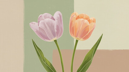 Beautiful Soft Pastel Tulips With Green Leaves on a Multi-Colored Background