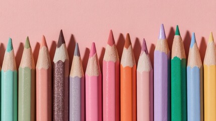 Colorful pencils in a row on a pastel pink background